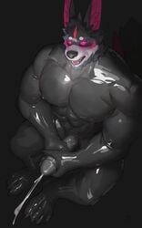 abs anthro bodily_fluids canid canine canis clothing cum ejaculation fur genital_fluids genitals glistening glistening_clothing grey_body grey_fur hi_res looking_at_viewer male male_only mammal markings masturbation muscular muscular_male nipples open_mouth pecs penile penile_masturbation penis pink_markings pink_sclera rubber rubber_clothing rubber_suit solo tall_ears two-handed_masturbation uriex uriex_(character) white_body white_fur wolf