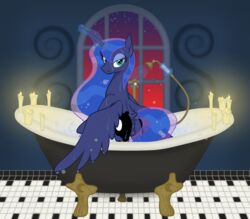 absurd_res alicorn anus ass bath bathroom bathtub bedroom_eyes blue_body blue_fur blue_hair blue_wall camo-pony candle candlelight claw_foot_bathtub clitoral_hood clitoral_winking clitoris dripping_wet equid equine ethereal_hair floor friendship_is_magic fur genitals hair hasbro hi_res horn levitation lidded_eyes light looking_at_viewer looking_back looking_back_at_viewer magic magic_user mammal mega_spark my_little_pony narrowed_eyes partially_submerged princess_luna_(mlp) pussy seductive shower shower_head showering spread_wings standing sunset tile tile_floor twilight water window wings