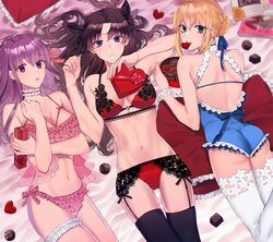 3girls :< artoria_pendragon ass ass_visible_through_thighs back back_view bed_sheet black_hair blonde_hair blue_eyes blush box box_of_chocolates breasts chocolate chocolate_bar collar fate/stay_night fate_(series) female female_only food_in_mouth green_eyes heart heart_shaped_box human leotard lingerie looking_at_viewer lying lying_on_pillow magazine matou_sakura medium_breasts mouth_hold multiple_girls navel panties pillow purple_eyes purple_hair red_panties red_pillow ribbon saber shimatori_(sanyyyy) sisters string_bra string_panties striped_panties tohsaka_rin twintails underwear underwear_only valentine white_legwear