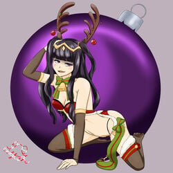 1girls alternate_costume ass bangs bare_legs bare_midriff black_hair bra breasts christmas christmas_outfit cleavage ctl_fish female_only fire_emblem fire_emblem_awakening fire_emblem_heroes kneeling long_hair looking_at_viewer medium_breasts nintendo official_alternate_costume open_mouth panties purple_eyes red_panties smile solo tharja_(fire_emblem) tharja_(winter)_(fire_emblem)