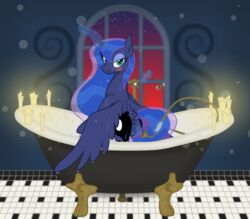 absurd_res alicorn anus aroused bath bathroom bathtub bedroom_eyes blue_body blue_fur blue_hair blush bubble camo-pony candle candlelight chains claw_foot_bathtub clitoris drain_plug equid equine ethereal_hair female female_focus feral floor friendship_is_magic fur genitals hair hasbro hi_res horn hose levitation lidded_eyes light looking_at_viewer magic magic_user mammal masturbation mega_spark my_little_pony narrowed_eyes partially_submerged plug princess_luna_(mlp) pussy seductive shower shower_head showering solo spread_wings standing sunset tile tile_floor twilight water water_jacking wet wet_mane window wings