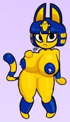 12lolomalo animal_crossing ankha anthro blue_hair blue_nipples egyptian feline female furry lactation large_breasts nintendo short_hair solo striped_tail thick_thighs yellow_fur