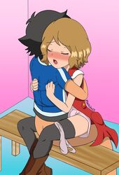 1boy 1girls ambiguous_penetration amourshipping ash_ketchum black_hair blackjoe01 blush closed_eyes clothed_sex female honey_blonde_hair male panties panties_around_one_leg pokemon pokemon_xy pokemon_xy_(anime) satoshi_(pokemon) serena_(pokemon)