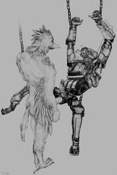 anal anthro avian bird bodily_fluids bondage bondage bound caust corvid cum cum_in_ass cum_inside duo ekzonzz genital_fluids genitals hi_res machine male male/male oscine passerine pathfinder_(apex_legends) penis robot swing