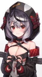 1girls :3 bangs bare_shoulders belt black_hair blush bow braid breasts cleavage closed_mouth collar eyebrows_visible_through_hair female fingerless_gloves gloves grey_hair hair_ornament hairclip highres hololive hololive_japan holox looking_at_viewer medium_breasts medium_hair multicolored_hair multiple_belts orca_hood plaid plaid_bow raised_eyebrows red_eyes red_nails sakamata_chloe simple_background streaked_hair two-tone_hair upper_body virtual_youtuber white_background