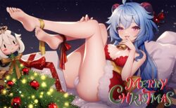 2girls ahoge ankkoyom ass bare_arms bare_shoulders barefoot bell blue_hair breasts cameltoe christmas christmas_tree cleavage commentary cowbell dress feet fur_trim ganyu_(genshin_impact) genshin_impact goat_horns highres horns legs_up long_hair looking_at_viewer low_ponytail medium_breasts merry_christmas multiple_girls open_mouth paimon_(genshin_impact) panties purple_eyes reclining red_dress short_dress sleeveless sleeveless_dress smile snowing thighs underwear white_panties