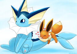 ambiguous_gender blush bodily_fluids closed_eyes cum cum_on_tail duo eevee eeveelution feral feral_on_feral fin genital_fluids heart hi_res kenikenikeke larger_ambiguous male male/ambiguous nintendo open_mouth pokémon_(species) pokemon pokemon_(species) simple_background sitting size_difference smaller_male straddling vaporeon video_games