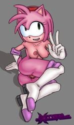 1girls amy_rose amy_the_bat ass boots breasts breasts_out completely_nude completely_nude_female executables_(artist) footwear footwear_only gloves happy happy_female headband hedgehog nude nude_female peace_sign pink_fur pose posing pussy rouge_the_bat_(cosplay) smile smiling sonic_(series) sonic_the_hedgehog_(series) teeth_showing vagina