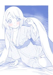 arm_support bangs bath_yukata bed_sheet blue_theme blush breasts closed_mouth clothing female flat_chest futon hair_ornament hairclip hanadera_nodoka healin'_good_precure highres japanese_clothes kimono leaning_to_the_side looking_at_viewer miyagoe_yoshitsuki monochrome no_panties on_bed precure pretty_cure pussy sash short_hair small_breasts smile solo spot_color swept_bangs under_covers yukata