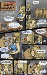 1girls ass black_eyes blonde_hair butt clothed_female cock_sleeve comic comic_page cum cum_in_mouth cum_on_chin cum_on_face dat_ass deepthroat deepthroat_training eye_contact fellatio gasp gasping gulp handlebars heart imminent_deepthroat imminent_oral imminent_sex irrumatio irrumatio_handles kneeling licking_penis light-skinned_female light-skinned_male light_skin long_hair mad_abalone_(madabalone) madabalone multiple_boys no_gag_reflex oral original page_1 petite pov prostitution pulling_hair pulling_twintails secretly_loves_it sex straight surprised swallowing_cum swallowing_penis_while_deepthroat sword_swallower throat_bulge throat_fuck twintails yellow_eyes