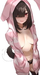 bangs blush breasts brown_hair female female highres large_breasts long_hair long_sleeves looking_at_viewer navel open_mouth original smile solo yaman