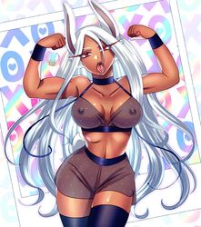 ahe_gao big_breasts bunny_ears choker flexing miruko moonbunny muscular muscular_female my_hero_academia red_eyes rumi_usagiyama see-through_clothing stockings tagme white_hair