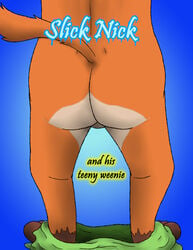 absurd_res anthro ass backsack balls between_legs big_butt canid canine comic cover cover_art cover_page disney fox genitals gerryseinfeld hi_res male mammal nick_wilde rear_view slick_nick_and_his_teeny_weenie solo swimming_trunks swimsuit swimwear zootopia zootropolis