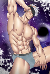 1boy abs blindfold blindfold_lift jujutsu_kaisen male male_focus male_only muscular muscular_male one_arm_up penis satoru_gojo shirtless solo solo_focus suyohara underwear white_hair