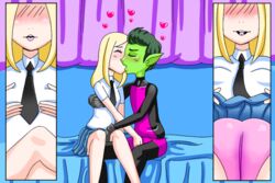 1boy 1girls beast_boy bed bedroom blonde_hair cameltoe cartoon_network dc dc_comics eyeless_female female female/male garfield_logan green_eyes green_hair hand_on_penis hand_under_skirt haruhe imminent_sex kissing lifted_by_self male male/female panties penis_touch pointy_ears pointy_hair pussy_visible_through_panties school_uniform showing_panties skirt skirt_lift skirt_up tara_markov teen_titans terra_(dc)