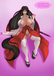 1girls annon bimbo bimbofication breasts cleavage covered_nipples female female_only hakama high_heels huge_breasts miko open_clothes pussy queen's_blade solo tabi thick_lips thick_thighs tomoe wide_hips