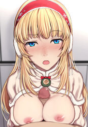 1boy bangs blonde_hair blue_eyes blush breasts breasts_out brown_capelet brown_gloves capelet censored clip_studio_paint_(medium) clothing commentary_request earmuffs erection evelysse_(star_ocean) eyebrows_visible_through_hair female fur-trimmed_capelet fur-trimmed_gloves fur_trim gloves hair_ribbon hairband large_breasts long_hair looking_at_viewer medium_breasts nagioka nagioka_(sblack) nipples nose_blush open_mouth paizuri penis pov red_hairband ribbon sblack small_penis snow_white_evelysse solo_focus star_ocean star_ocean_anamnesis straight titfuck upper_body white_ribbon