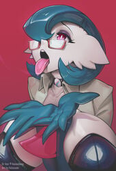 anthro artist_name big_breasts dr._voir feliscede female gardevoir looking_at_partner open_mouth pleasure_face pokémon_(species) pokemon pokemon_(species) pokemon_oras red_eyes shiny_gardevoir shiny_pokemon simple_background tongue tongue_out upper_teeth watermark