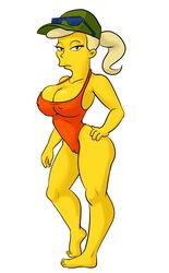 1girls ass barefoot baseball_cap blonde_hair breasts cleavage collarbone curvy eyelashes eyewear feet female female_only gavin's_mom half-closed_eyes hand_on_hip headwear highres huge_breasts human looking_at_viewer nipple_bulge ponytail profit side_view solo standing sunglasses sunglasses_on_hat the_simpsons thick_thighs toes yellow_skin