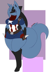 anthro big_breasts captain_america_(cosplay) cosplay dewwydartz female furry game_freak hourglass_figure lucario marvel may_(dewwydartz) nintendo pokemon pokemon_(species) tagme thick_thighs