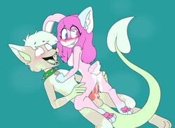 absurd_res anonymous_artist anthro blep blush bodily_fluids collar cowgirl_position cum cum_inside duo female from_front_position genital_fluids hi_res male male/female on_bottom on_top open_mouth pawpads paws riding sex snowstar_(cabbit) tongue tongue_out valek_(mintdoq)