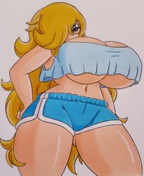 big_ass big_breasts blonde_hair glasses jumneyarts rosajon shorts small_clothes thick_thighs