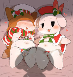 bed bedroom_eyes blush bodily_fluids canid canine canis clothed clothing domestic_dog duo female flat_chested fox fur furniture genitals heart hi_res looking_at_viewer mammal narrowed_eyes pussy rinrin_(pixiv) seductive sweat white_body white_fur