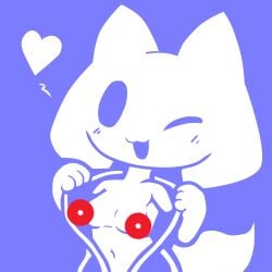 1:1 anonymous_artist anthro blue_background blush breasts clothing clyde_(discord) convenient_censorship discord discord_(app) felid feline female flashing fur heart mammal navel one_eye_closed open_mouth simple_background solo undressing white_body white_fur wink