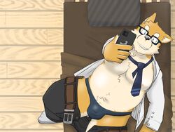 2021 anthro bed belly bulge canid canine canis clothed clothing domestic_dog eyewear furniture glasses kemono kogamaru lying male mammal moobs nipples open_clothing open_shirt open_topwear overweight overweight_male pillow shirt solo topwear underwear