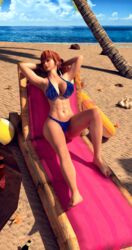1girls 3d artist_request athletic beach beach_ball beach_chair beer_bottle big_breasts bikini bikini_bottom bikini_top bottle breasts brown_hair clothed clothing dead_or_alive eyeliner eyes_closed eyeshadow female female_only hands_behind_head kasumi_(doa) lipstick long_hair makeup nail_polish ninja_gaiden palm_tree ponytail pool_float relaxing sand shadow six_pack sky solo solo_female starfish sunbathing swimsuit swimwear table water