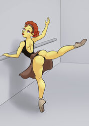 1girls ass auburn_hair ballet_slippers ballet_teacher_(the_simpsons) big_ass bubble_butt clothed dat_ass eyelashes eyeshadow female female_only full_body half-closed_eyes headband highres human leotard lipstick looking_at_viewer looking_back pirouette profit red_lipstick short_hair skimpy solo the_simpsons yellow_skin