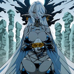 big_breasts bra earrings elf elf_ears elf_female eyebrows_visible_through_hair eyelashes garter_straps gloves gold_jewelry grey_skin kafun long_hair mole mole_under_mouth moon moonlight necklace night pointy_ears scantily_clad skull smile smiling smiling_at_viewer tagme_(character) thick_thighs thong white_hair yellow_eyes