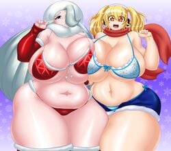 2girls alternate_breast_size big_breasts blonde_hair breasts breasts_to_breasts chubby chubby_female cleavage female_focus female_only hips huge_breasts kailyn large_breasts long_hair melony_(pokemon) milf multiple_girls nitroplus pokemon pokemon_ss scarf short_hair shorts super_pochaco thick_thighs thighs twintails underboob white_hair wide_hips