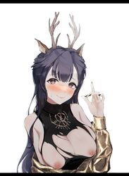 1girls animal_ears areolae arknights bare_shoulders big_breasts black_eyes blush breasts dark_hair deer_horns dress exposed_breasts female female_only hair_between_eyes hand_up heart-shaped_pupils heavy_blush highres horns long_hair looking_at_viewer masturbation_gesture nail_polish nails nipples sawaki_ken seductive smile smug solo sweat tagme torn_clothes torn_dress tsukinogi_(arknights) white_background