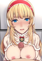 1boy bangs blonde_hair blue_eyes blush breasts breasts_out brown_capelet brown_gloves capelet censored clip_studio_paint_(medium) clothing commentary_request earmuffs erection evelysse_(star_ocean) eyebrows_visible_through_hair female fur-trimmed_capelet fur-trimmed_gloves fur_trim gloves hair_ribbon hairband large_breasts long_hair looking_at_viewer medium_breasts nagioka nagioka_(sblack) nipples nose_blush open_mouth paizuri penis pov red_hairband ribbon sblack snow_white_evelysse solo_focus star_ocean star_ocean_anamnesis straight titfuck upper_body white_ribbon