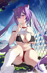 1girls absurd_res bangs belly_button big_breasts bikini bikini_top black_bikini black_bikini_top bloomers blush breasts building buruma cat_ears cleavage cloud feet female fence genshin_impact gym_uniform hair_between_eyes heart-shaped_pupils hi_res highres hips houkiboshi_(mmjw7432) huge_breasts keqing_(genshin_impact) large_breasts long_hair looking_at_viewer midriff nipple_bulge outside pigtails purple_eyes purple_hair shirt_up shushing sitting sitting_on_floor sky slim_waist small_waist socks soles solo sports_uniform thick thick_thighs thighs toes tree twintails underboob waist white_socks wide_hips