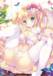 blue_eyes bra breast_hold cleavage finger_in_mouth legs_up mikeou stockings yellow_hair