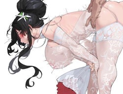 1boy bangs bent_over black_eyes black_hair blush bouncing_breasts bouquet breasts bride clothed_female_nude_male clothed_sex covered_nipples female garter_straps hair_bun hands_on_another's_hips high_ponytail highres huge_breasts leotard long_hair mimyo nude open_mouth original sex sex_from_behind sidelocks simple_background solo_focus standing standing_sex straight thighhighs wedding_dress white_background white_legwear white_leotard