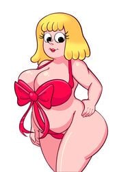 1girls blonde_hair cartoon_network chubby chubby_female clarence eyelashes gift_wrapped huge_breasts light-skinned_female light_skin lipstick looking_at_viewer mary_wendell mature_female milf mother profit red_lipstick shiny_skin solo thick_thighs voluptuous white_background wide_hips