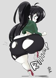 ass ass_focus back_view big_ass black_hair female female_focus hips hoodie huge_ass kazuya_zoey large_ass long_hair looking_back ripped_clothing ripped_shorts shorts shortstack solo solo_female thick_thighs thighs v.v._(vammzu) vammzu wide_hips