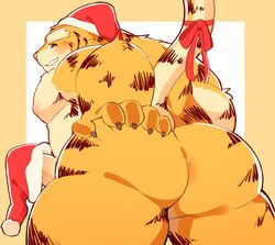 0119_muu 2021 anthro ass blush christmas christmas_clothing christmas_headwear clothing felid genitals hat headgear headwear hi_res holidays humanoid_hands kemono male male_only mammal orange_body overweight overweight_male pantherine penis santa_hat simple_background solo tiger