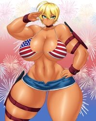 4th_of_july american_flag_bikini big_breasts blonde_hair breasts cleavage female female_focus fireworks hips kailyn mito_ikumi shokugeki_no_souma short_hair short_shorts shorts solo solo_female tan tan_body thick_thighs thighs underboob wide_hips