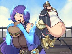 2021 2girls belly belly_overhang big_belly big_breasts black_hair breasts brighid_(xenoblade) cleavage closed_eyes clothed clothing duo duo_focus eating female_focus female_only huge_belly huge_breasts large_breasts long_hair morag_ladair_(xenoblade) obese obese_female overweight overweight_female purple_hair royaloppai watermark xenoblade_(series) xenoblade_chronicles_2