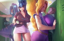 3boys 3girls adagio_dazzle aria_blaze big_breasts blonde_hair breast_smother breasts bully bullying equestria_girls faceless_male female femdom friendship_is_magic hasbro heart huge_breasts human humanized imminent_sex kabedon large_breasts larger_female leg_kabedon leg_up locker maarthul malesub multicolored_hair my_little_pony one_leg_up rainbow_rocks ripped_pants size_difference skirt smaller_male sonata_dusk standing standing_on_one_leg the_dazzlings thick_thighs