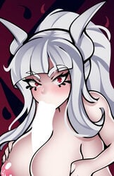 big_breasts blowjob censored demon_girl helltaker looking_at_viewer lucifer_(helltaker) paizuri red_hair reeceyd3 white_hair