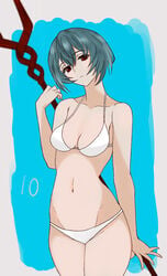 1girls bikini blue_hair breasts female hips human lance_of_longinus looking_at_viewer neon_genesis_evangelion pale-skinned_female pale_skin red_eyes rei_ayanami short_hair solo solo_female spear swimsuit thick_thighs thighs weapon