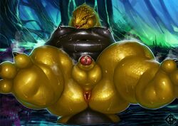 2021 anthro anus balls bodily_fluids capcom fanged_wyvern feet genital_fluids genitals humanoid_genitalia humanoid_penis jagras leaf_censor male monster_hunter monster_hunter_world moobs nezirozi nipples nude open_mouth penis precum slightly_chubby_anthro solo steam steamy_feet sweat tongue tongue_out video_games