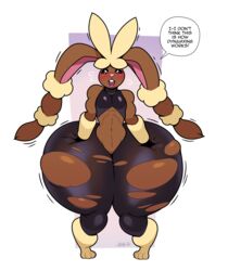 absurd_res anthro ass ass_expansion blackshirtboy blush bodily_fluids bottomwear clothing english_text expansion female flat_chested front_view furry growth hi_res huge_hips huge_thighs hyper hyper_hips hyper_thighs lagomorph leggings legwear lopunny mammal mega_evolution mega_lopunny midriff nintendo outgrowing_clothes pokémon_(species) pokemon pokemon_(species) solo sweat sweatdrop swelling text thick_thighs thigh_expansion torn_bottomwear torn_clothing torn_leggings torn_legwear video_games wide_hips