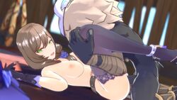 1boy 1girls 3d ambiguous_penetration belt brown_hair female genshin_impact glove gloves green_eyes hilichurls_(species) interspecies light-skinned_female light_skin lisa_(genshin_impact) male monster pale-skinned_female pale_skin partially_clothed stocking stockings straight