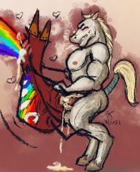 ambiguous_gender anthro blonde_hair blush bodily_fluids candy cum cum_inside dessert equid equine food furry_ears genital_fluids grey_body hair heart horse male mammal mars_incorporated penetration skittles_(candy) tail_wraps technicolor_yawn vomit wovstah wraps